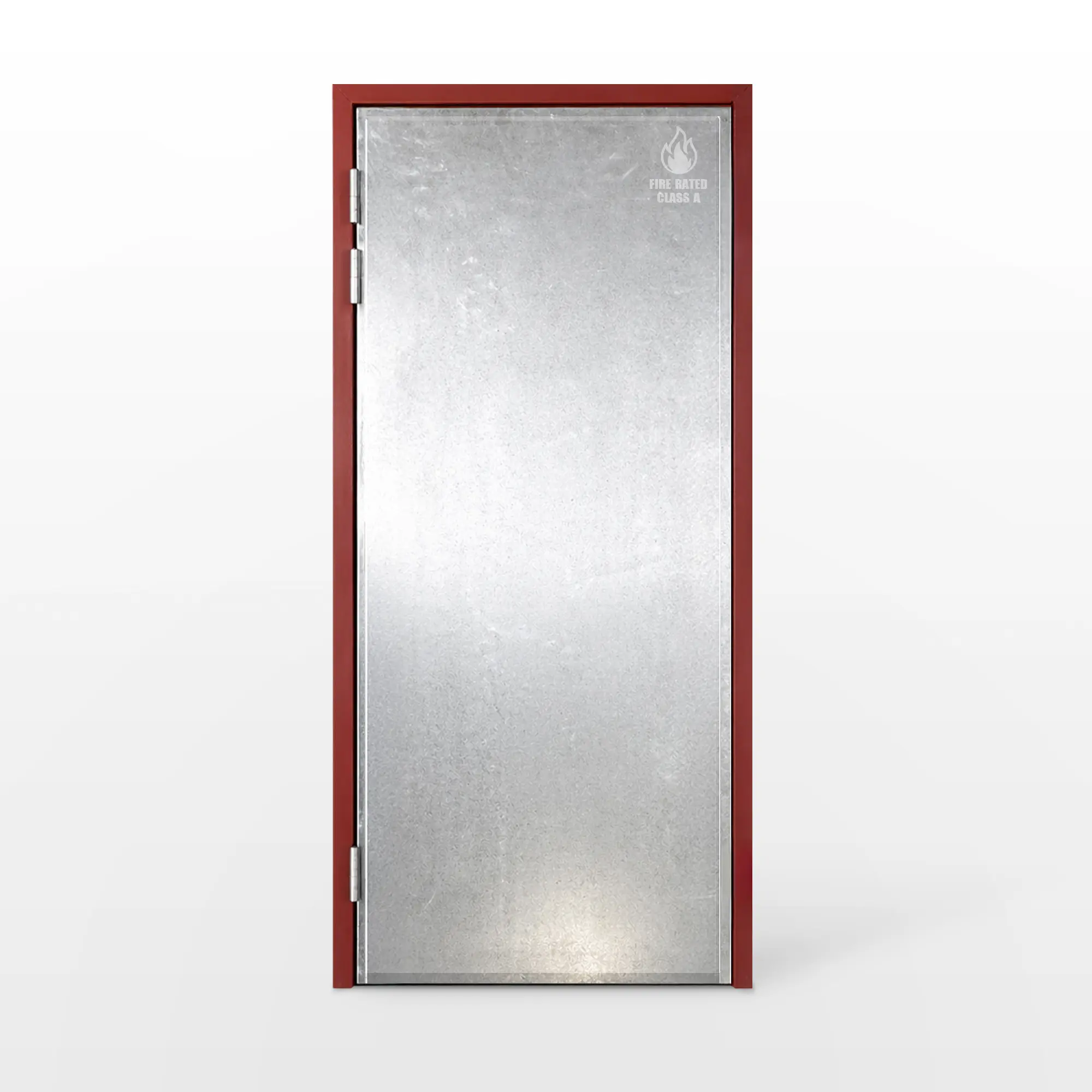 Main: Class A galvanised cladded external fire door 813x2032 pre-hung SANS 1253 Cladding close-up: Galvanised steel cladding on external face of Class A fire door Frame: Pre-hung steel frame for external Class A galvanised fire door